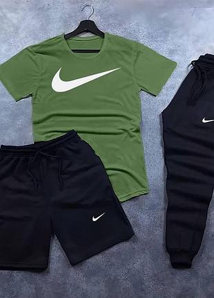 Спортивный костюм nike мужской 3в1 хаки футболка, черные шорты и брюки летний комплект nike на парня 3в1