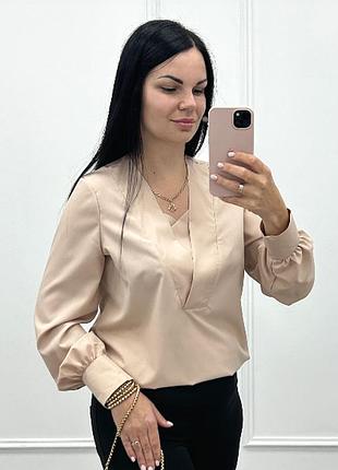 Классическая женская блузка с длинным рукавом красивая блуза нарядная прямого кроя из софта 50-52, бежевый