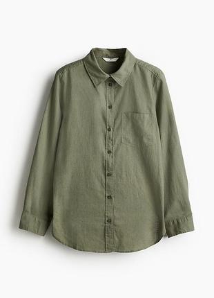 Базова лляна сорочка h&m linen blend жіноча однотонна зелена хакі натуральна літня вільна довга