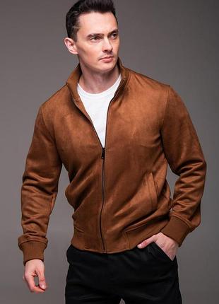 Мужская замшевая куртка-бомбер с воротником стойкой, размеры: m,l,xl,2xl,3xl коричневый, l
