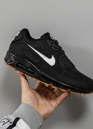Мужские кроссовки nike air max 90 черные качественные из кожи и текстиля для прогулок демисезонные подошва из пены найк аир макс