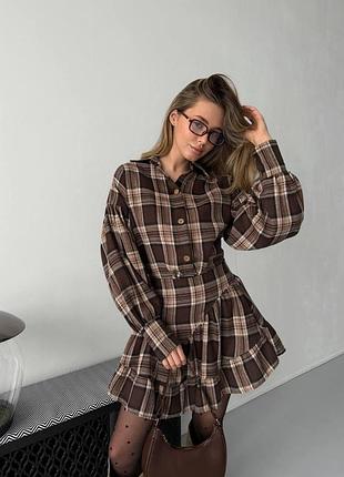 Женский теплый костюм в клетку: рубашка и юбка, размеры: 42-44, 46-48 коричневый