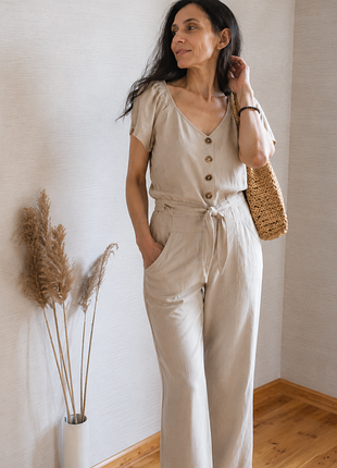 Натуральная бежевая блуза с поясом / linen look summer style