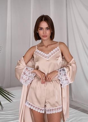 Комплект жіночий трійка халат майка шорти melissa collection s бежевий