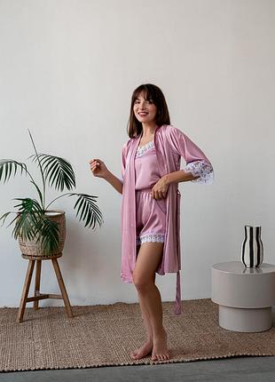 Комплект жіночий трійка халат майка шорти melissa collection m рожевий