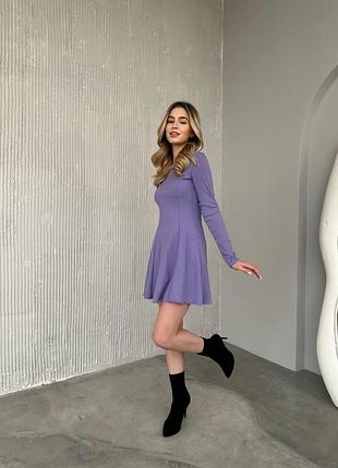 Модное коктейльное платье в рубчик с длинными рукавами черное короткое платье рубчик женское мини платье 40/42, сиреневый