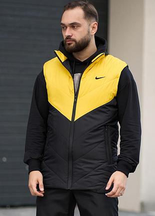 Повседневная мужская жилетка clip nike/ спортивная жилетка черная с желтым/ весенняя безрукавка без капюшона