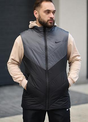 Мужская демисезонная жилетка clip nike черная с серым/ спортивная жилетка без капюшона/повседневная безрукавка