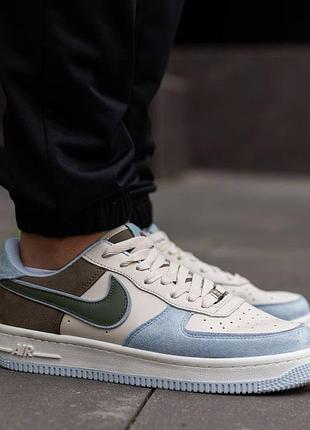 Мужские кроссовки nike air force white blue brown, кеды классические найк эир форс голубые с бежевым