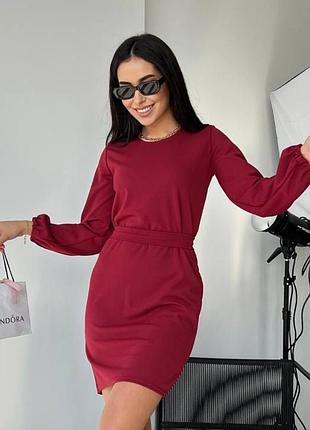 Нарядное платье женское с рукавами зеленое вечерние платье прямое с поясом трикотажное платье большого размера 40/42, бордовый