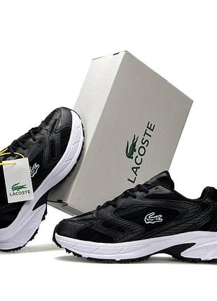 Мужские кроссовки lacoste l003 neo shot black white брендовые повседневные летние кроссы лакоста черно белые кожа сетка 43