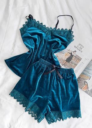Женский велюровый комплект майка та шорты helen collection s-m волна