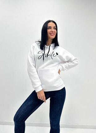 Теплая женская кофта худи с капюшоном на флисе спортивная толстовка с надписью 50/52, белый