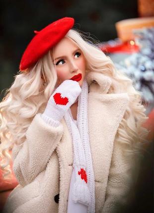 Рукавички сердечко білі червоні шерсть рукавиці шерсть серце білі1 фото