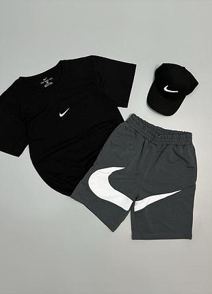 Футболка черная + кепка + шорты серые nike big