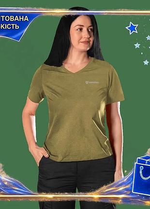 Футболка camotec pani totem logo v-neck tan тактична для женщин с антибактериальной обработкой для спорт dm-11