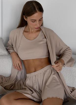 Комплект жіночий трійка халат топ шорти scarlet collection l-xl бежевий