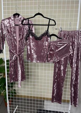 Набір піжам майка шорти штани халат з мереживом