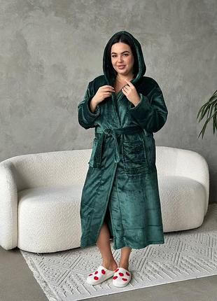 Ж иночий теплый халат plus size. с поясом, карманами и капюшоном смарагдовий, 4xl