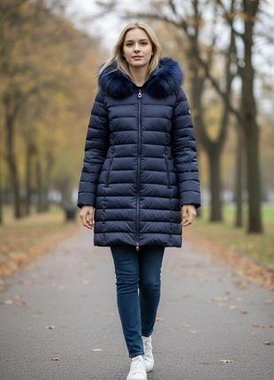 Пальто жіноче зимове пухове темно-синє з капюшоном elisabetta franchi 8407*51 розмір m