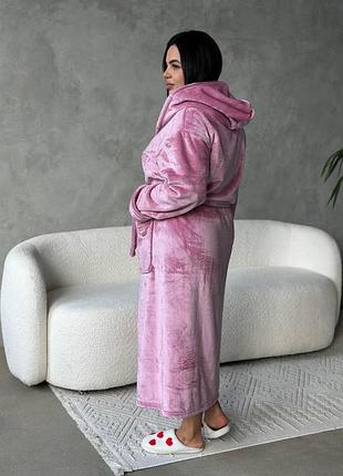 Ж иночий теплый халат plus size. с поясом, карманами и капюшоном розовый, 4xl