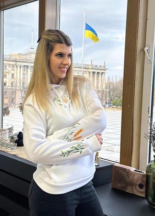 Утепленный худи с патриотическим принтом "grass" оптом | батал белый, 50-52