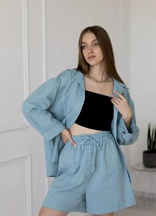 Молодежный летний женский мятный льняной костюм