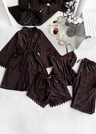 Комплект женский четверка халат майка шорты штаны amelia collection s коричневый