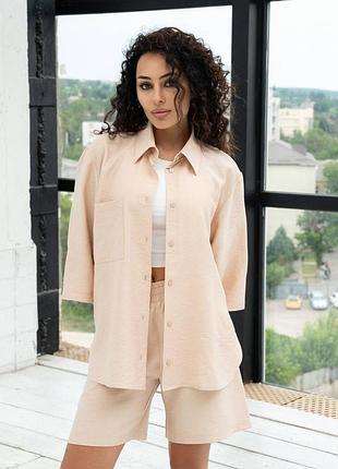 Костюм женский летний рубашка и шорты лен жатка s, m, l, xl