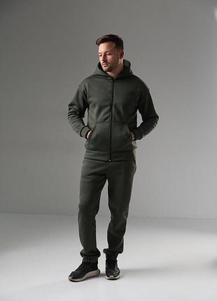 Мужской спортивный костюм на флисе, теплый на замке olive 5xl