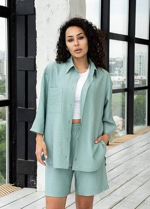 Костюм женский летний рубашка и шорты лен жатка s, m, l, xl