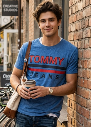 Фирменная мужская футболка синего цвета tommy jeans made in bangladesh с принтом