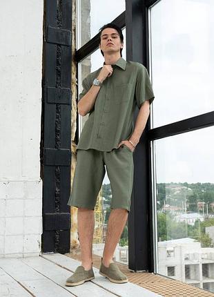 Костюм мужской рубашка шорты батист жатка хаки s, m, l, xl, 2xl