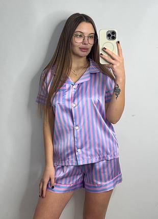 Пижама женская из сатина с шортами и рубашкой голубо-розовая xl-2xl