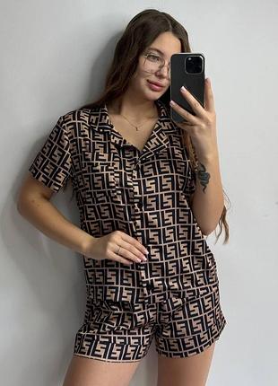 Пижама женская из сатина с шортами и рубашкой коричневый xs-s