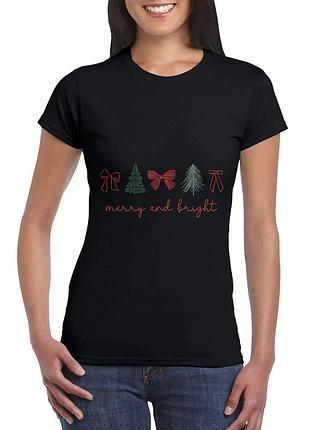 Футболка с принтом merry and bright: скандинавский стиль, хлопок, женский. l