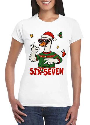 Футболка с принтом «гусак six seven: новогодний стиль», хлопок, женский, xs