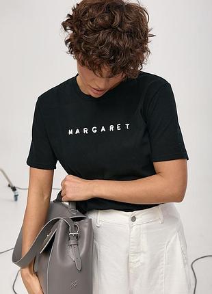 Трикотажная футболка с вышитой надписью margaret - черный цвет, one size (имеется размеры)