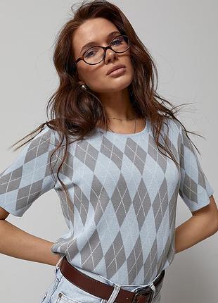 Вязаная футболка с ромбиками - голубой цвет, one size (имеется размеры)