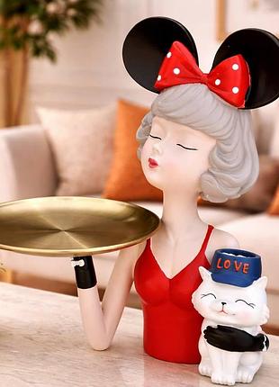 Декоративная статуэтка девушка minnie mouse с подносом 26 см - органайзер для украшений и ключей, стильный декор для дома
