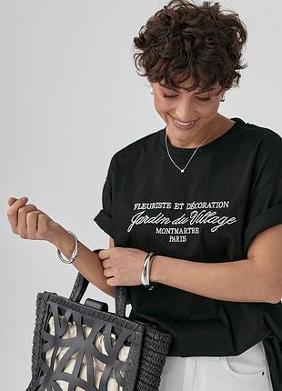 Свободная однотонная футболка с вышитыми надписями - черный цвет, one size (имеется размеры)