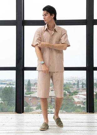 Костюм мужской рубашка шорты батист жатка бежевый s, m, l, xl, 2xl