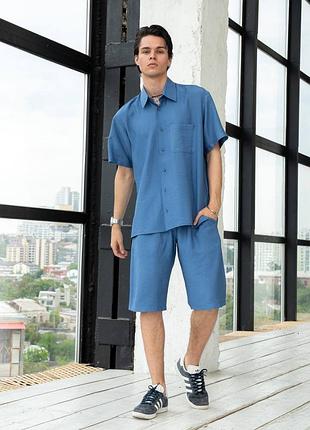 Костюм мужской рубашка шорты батист жатка синий s, m, l, xl, 2xl