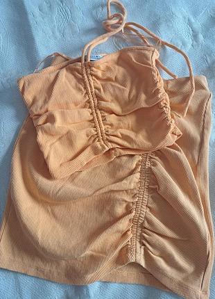 Трикотажный оранжевый костюм двойка топ и юбка рубчик zara размер s коттон 95%