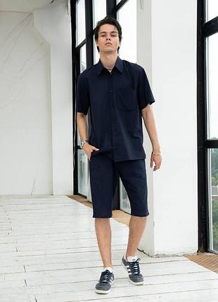 Костюм чоловічий сорочка шорти батист жатка темно-синій  s, m, l, xl , 2xl