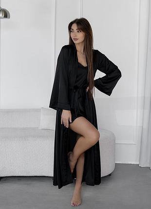 Комплект жіночий шовковий халат і нічна сорочка valerie l-xl чорний