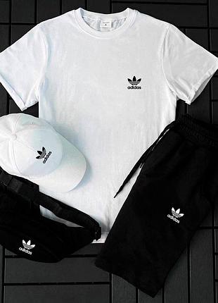 Мужской белый спортивный костюм adidas летний 4в1 , стильный белый набор адидас футболка и шорты+кепка+б trek