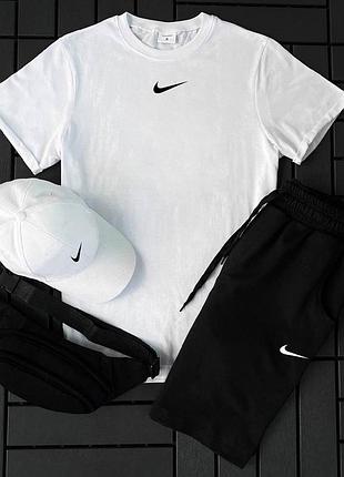 Мужской летний спортивный костюм nike белый 4в1, комплект найк на лето шорты + футболка + кепка + бананк trek