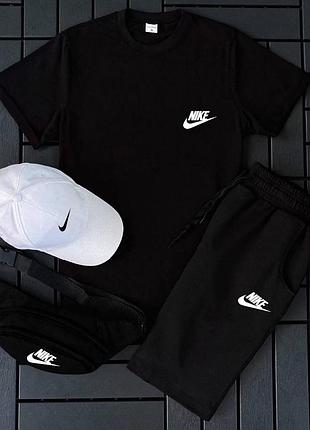 Мужской спортивный костюм nike летний черный , комплект на лето найк 4в1 футболка и шорты и бейсболка и trek