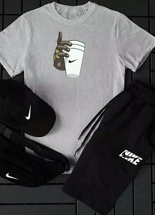 Мужской летний костюм nike серый 4в1 набор , спортивный комплект найк серый футболка шорты кепка бананк trekmr